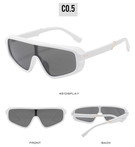 Front and back views of white oversized shield sunglasses with gold metal accents