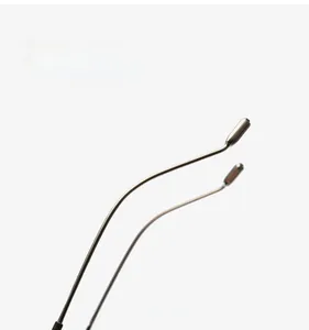 Detail view of curved metal eyeglass temples with polished gunmetal finish