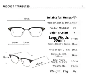 Detailed size chart for retro square metal glasses frame with measurements in millimeters