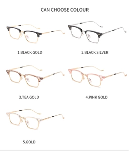 Detail view of square eyeglass frames in five colorways like black gold and pink gold