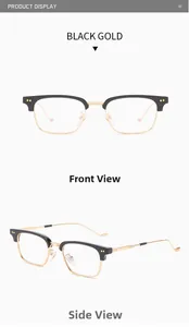 Detail view of black gold browline glasses frame with polished metal temples and rivets