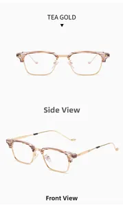 Detailed views of vintage semi-rimless square frames in tea gold finish