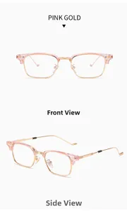 Front and side views of vintage square pink gold semi-rimless eyeglass frames