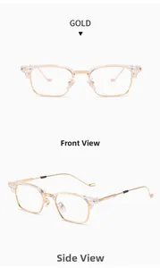 Detail of square gold metal and transparent resin glasses frames from front and side view