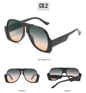 Three views of oversized pilot sunglasses with thick black frames and gradient lenses