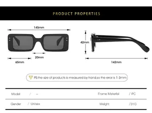 Detailed size chart for rectangular sunglasses showing frame width and temple length
