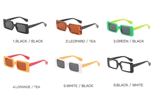Detailed grid of rectangle chunky sunglasses in six different vibrant color combinations
