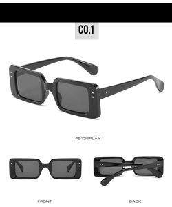 Detail view of black rectangular sunglasses with silver rivets and multi-angle display