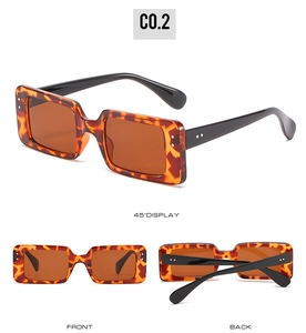 Detailed views showing tortoiseshell rectangular sunglasses from front, back and 45-degree angle