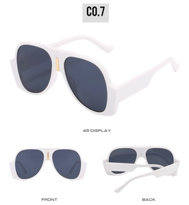 Three views of oversized white frame sunglasses with gray lenses and gold accents