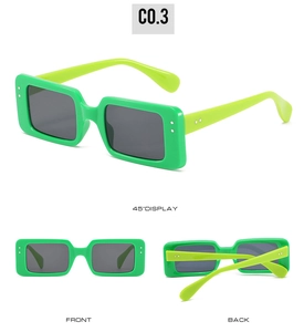 Three perspectives of neon green rectangular sunglasses with dark lenses and silver pins