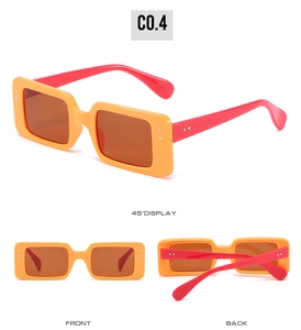 Detailed views of retro square sunglasses in orange and pink showing front and side angles