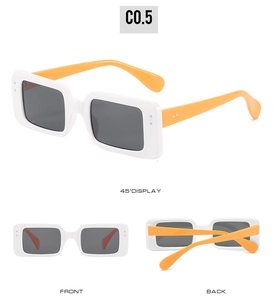 Three-view display of white rectangle sunglasses with bright orange arms and rivets