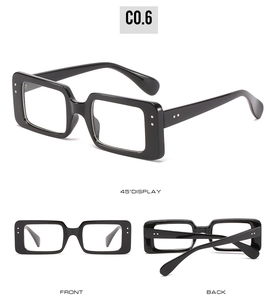 Three-angle view of black square frame sunglasses featuring silver rivet details