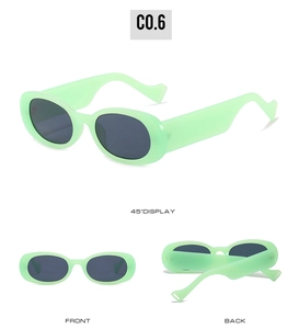 Trois vues de lunettes de soleil ovales vert menthe avec branches ondulées et verres gris