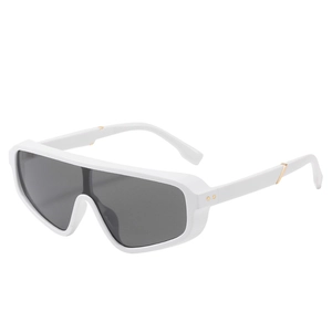 Fashionable oversized white sunglasses with integrated dark lenses and gold stud accents