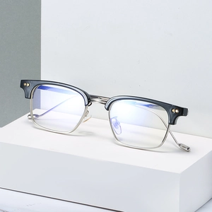 Vintage square semi-rimless glasses with black and gold frame and blue light lenses