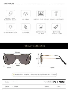 Detailed size chart for oversized square sunglasses showing frame width and UV400 lens features