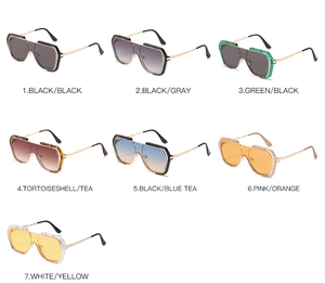 Flat lay of retro oversized square sunglasses in seven assorted lens and frame colors