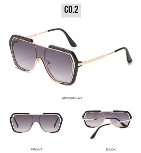 Three-view display of black and gold pilot sunglasses with gradient purple lenses