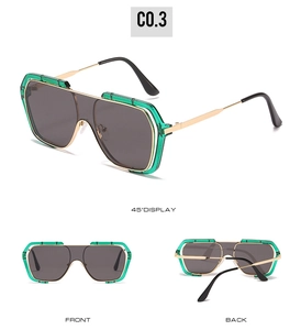 Three-angle views of emerald green square oversized sunglasses with gold metal temples