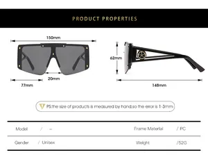 Size chart showing dimensions of 150mm wide shield sunglasses with 62mm height