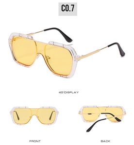 Detail view of large square sunglasses with transparent frames and yellow lenses