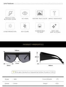 Detailed size guide and specifications for oversized flat top fashion sunglasses
