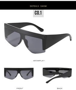 Detail view showing three perspectives of the black flat-top shield style sunglasses