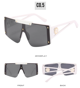 Three multi-angle views of white oversized sunglasses with gray lenses and gold accents