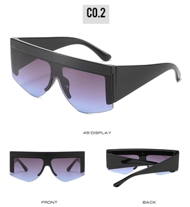Three-angle display of flat top oversized sunglasses with purple-blue gradient lenses