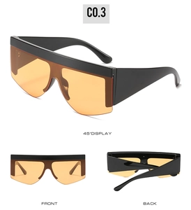 Three-way view of oversized flat top sunglasses with black frames and orange lenses