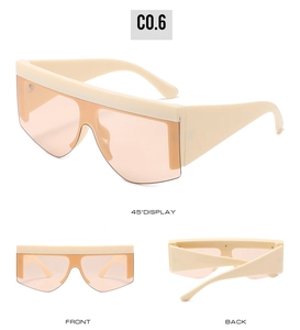 Three-angle views of oversized flat top shield sunglasses in cream beige and orange lenses