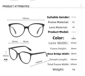 Detailed size chart showing cat eye frame dimensions of anti-blue light glasses