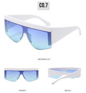 Flat top sunglasses detail with white wide frame and blue gradient lenses shown in 3 views