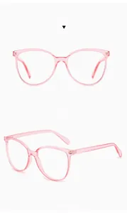 Pink transparent cat-eye blue light glasses frame shown from positive and side view angles