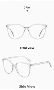 Gray oversized cat-eye glasses frame featuring front and side views with rice nail detail