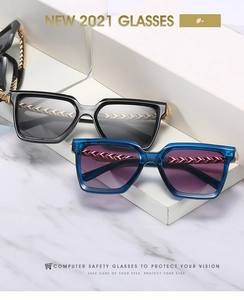 Detail showing oversized square frames with premium golden woven metal temple accents
