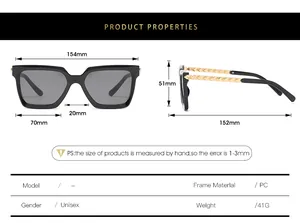 Size chart showing large square metal sunglasses dimensions with gold arrow temple detail