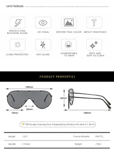 Detaillierte Größentabelle für übergroße Flat-Top-Sonnenbrille mit Metallnieten