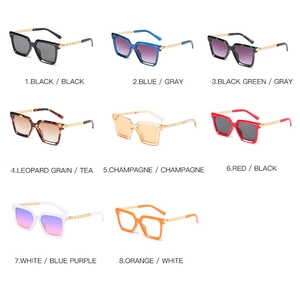 Detailed grid view of eight colorful oversized square sunglasses with gold chain temples
