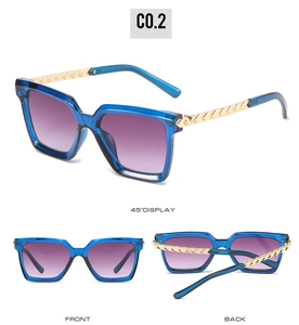 Detailed views of blue translucent square sunglasses with gradient purple lenses