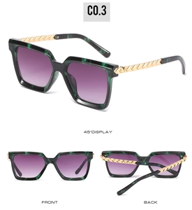 Three-angle views of oversized marble green sunglasses with gradient purple lenses