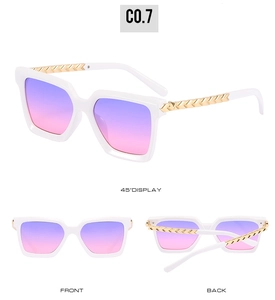 Detailed views of white square sunglasses with gradient lenses and textured gold metal arms
