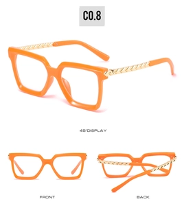 Detailed three-view display of orange square glasses with golden twisted metal temples