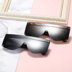 Modern flat top shield sunglasses in black and tortoiseshell on a decorative display