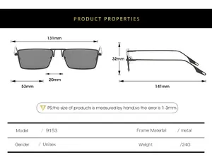 Detailed size specifications for metal unisex sunglasses model 9153 with precise dimensions