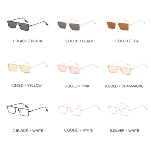 Grid view of rectangular metal frame sunglasses in nine fashionable color combinations