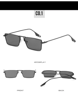 Three views of black rectangular metal sunglasses showing front, side and folded details
