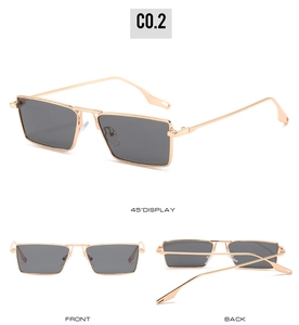 Three-angle display of rectangular metal sunglasses with gold frame and grey lenses